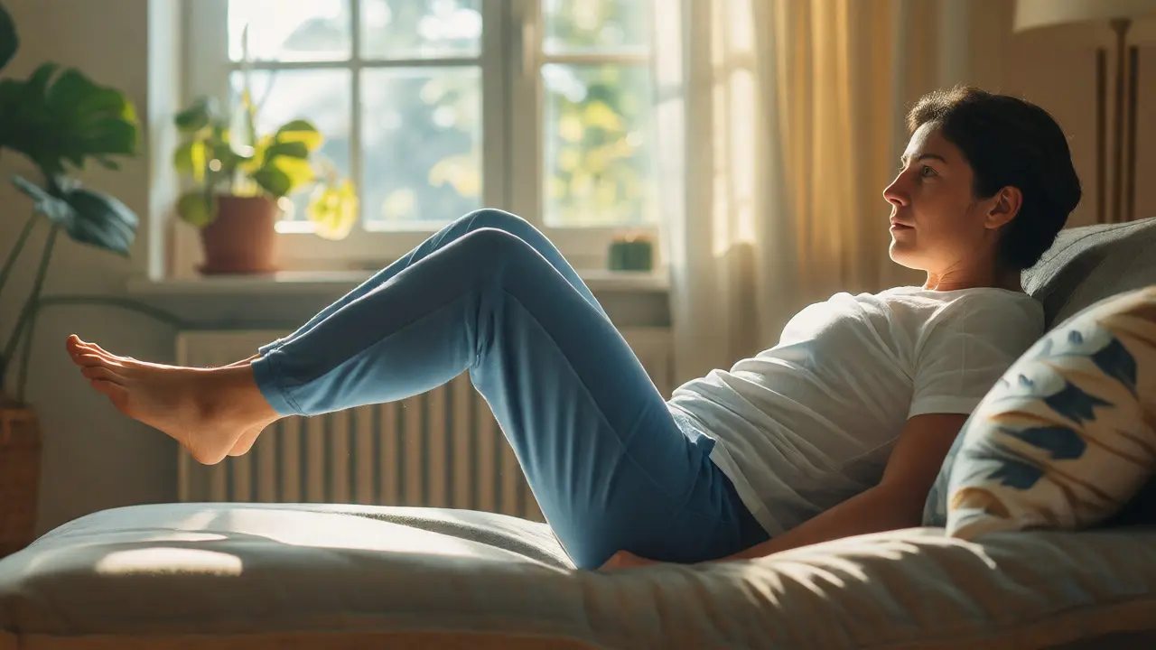 Person practicing gentle self-correction exercises at home to relieve back pain.