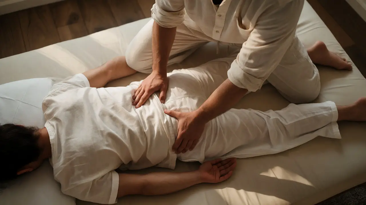 Practitioner applying thumb pressure to a fully clothed client on a floor mat