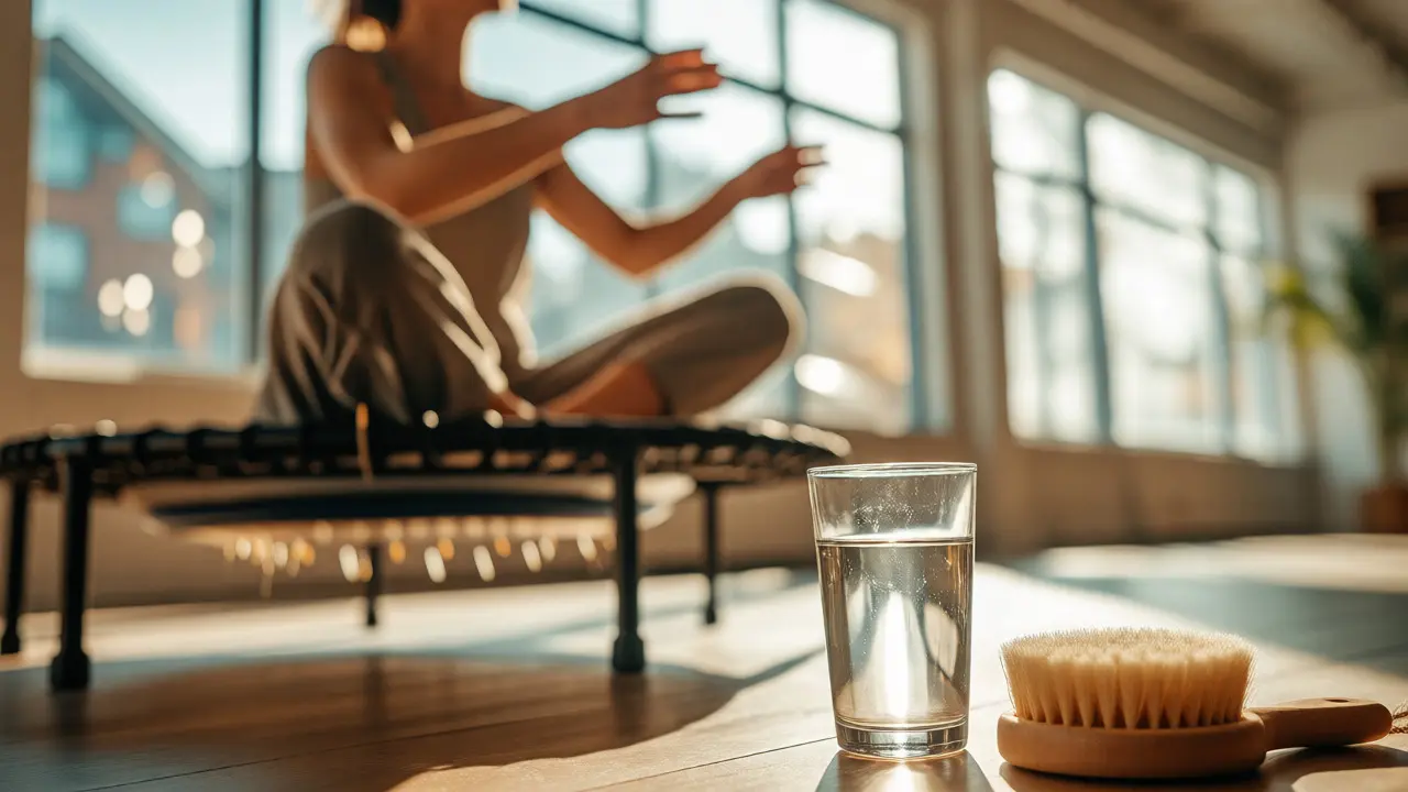 Woman bouncing on a mini-trampoline with water and dry brush nearby