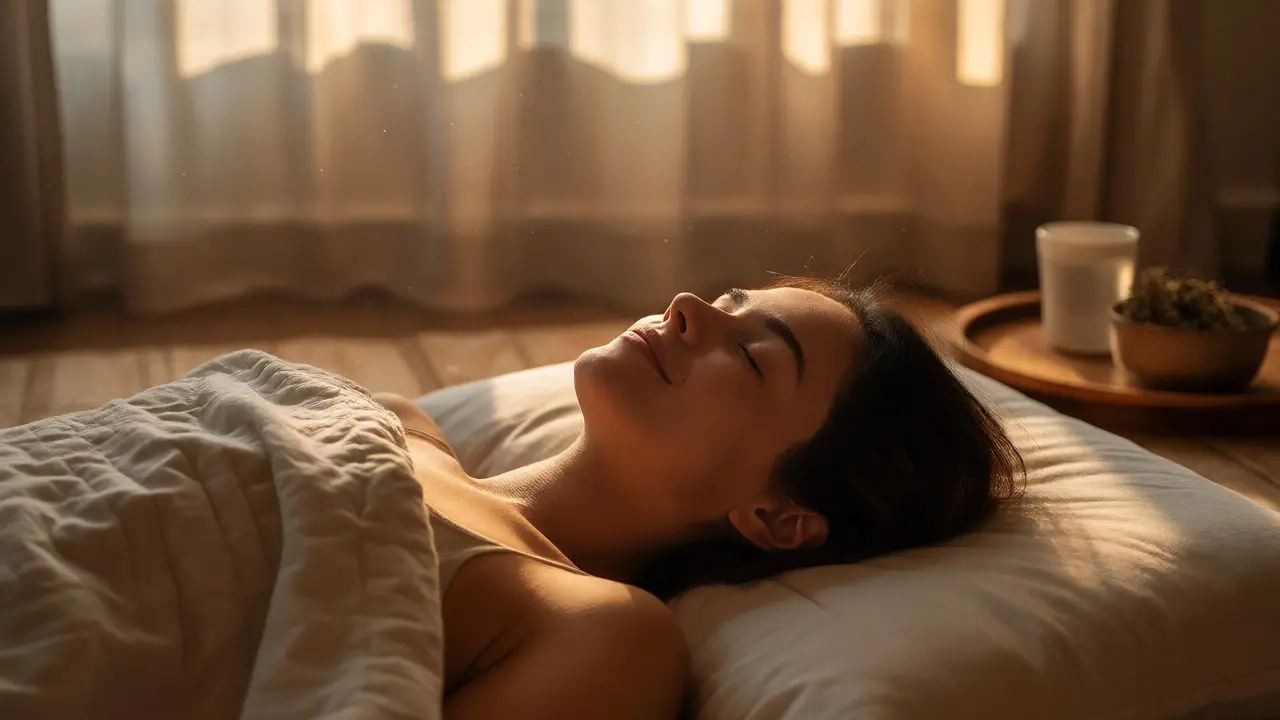 Woman relaxing peacefully after a Shiatsu session in a sunlit room